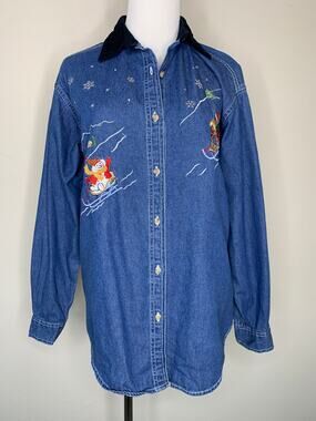 Ski Snowman WinterDenim Shirt Velvet Collar Sz Small Embroidered Cabincore